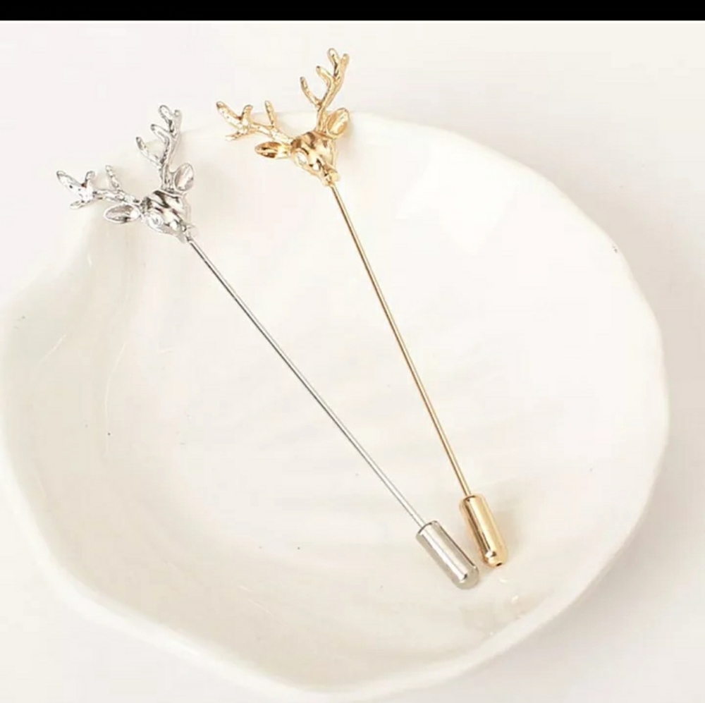 Two deer tie lapel pins brooch hatpin gold silver